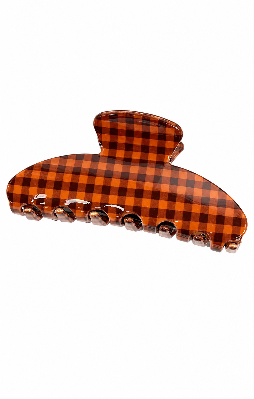 An orange and black checkered claw hair clip with glossy brown plastic teeth, shown on a plain white background.