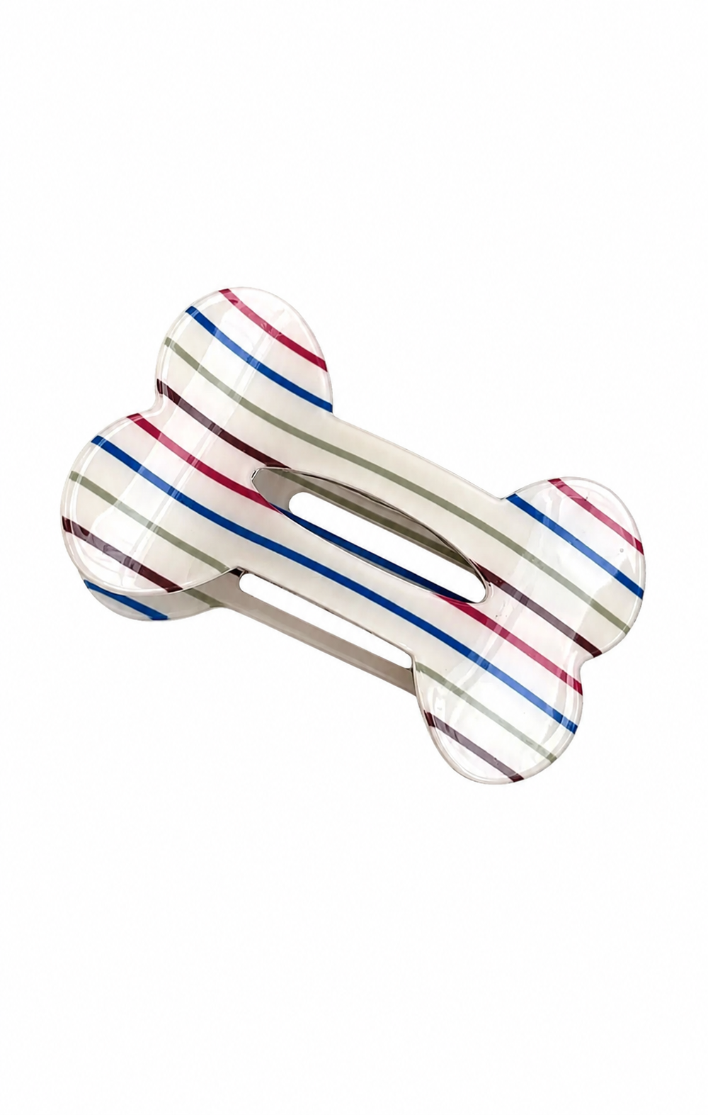 A bone-shaped hair claw clip with a white base decorated with thin red, blue, and gray stripes, shown on a plain white background.