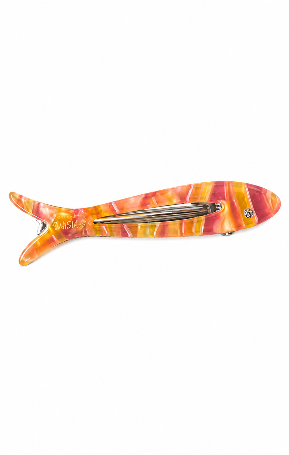 A fish-shaped hair claw clip with a marbled orange, yellow, and pink resin body and a silver metal spring, shown on a plain white background.