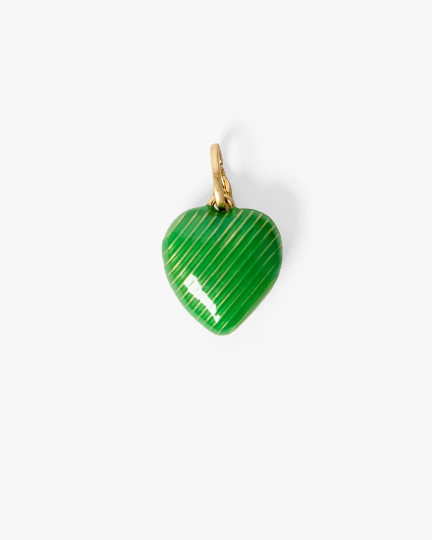 Green heart-shaped pendant with gold chain on a white background