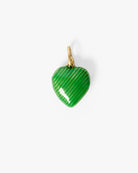 Green heart-shaped pendant with gold chain on a white background