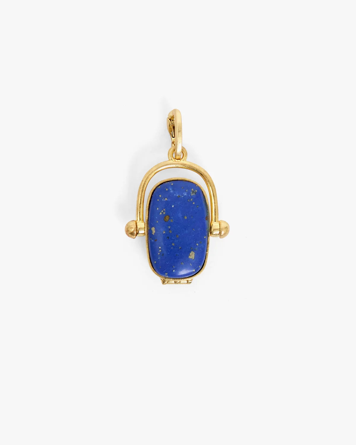 A gold pendant featuring an oval-shaped cabochon lapis lazuli stone with visible golden flecks, set in a delicate arch frame with small side beads and a top loop, shown against a plain white background.