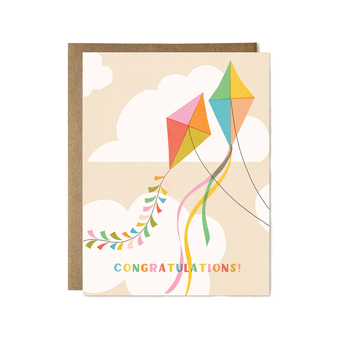 Greeting card with colorful kite design and 'Congratulations!' text on a beige background
