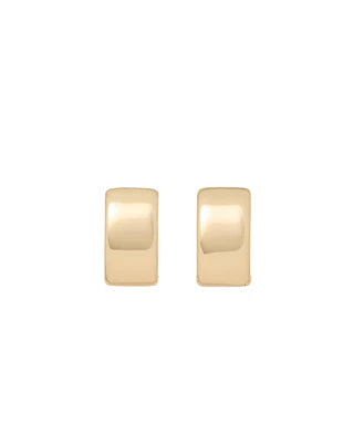 Pair of gold rectangular earrings on a white background