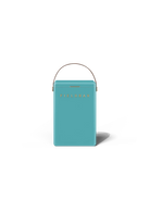 Teal handbag with 'LIEBLER' branding on a white background