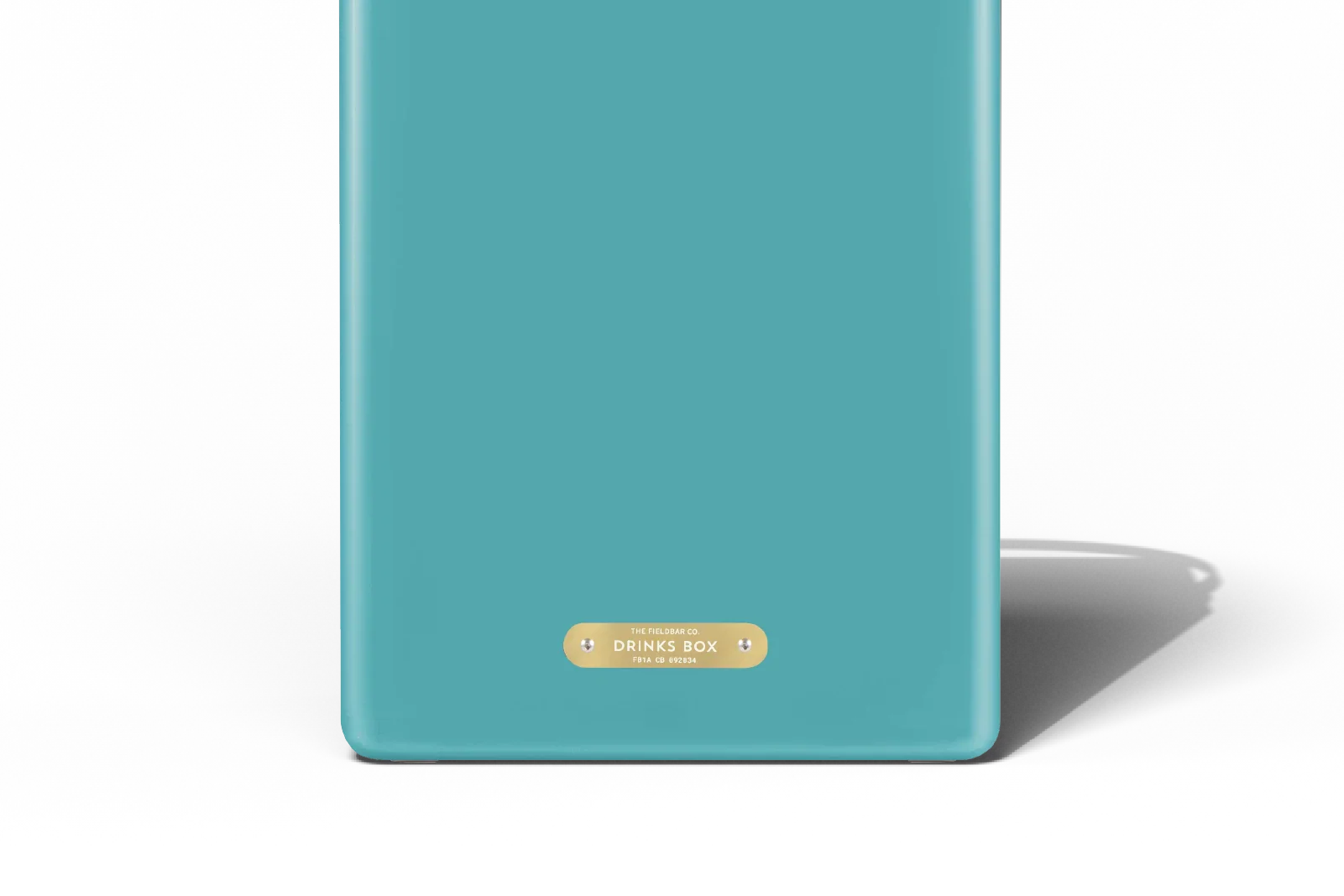 Teal drinks box with a gold label on a white background