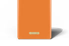 Orange notebook with a brand label on a white background
