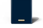 Navy blue phone case with a gold label on a white background