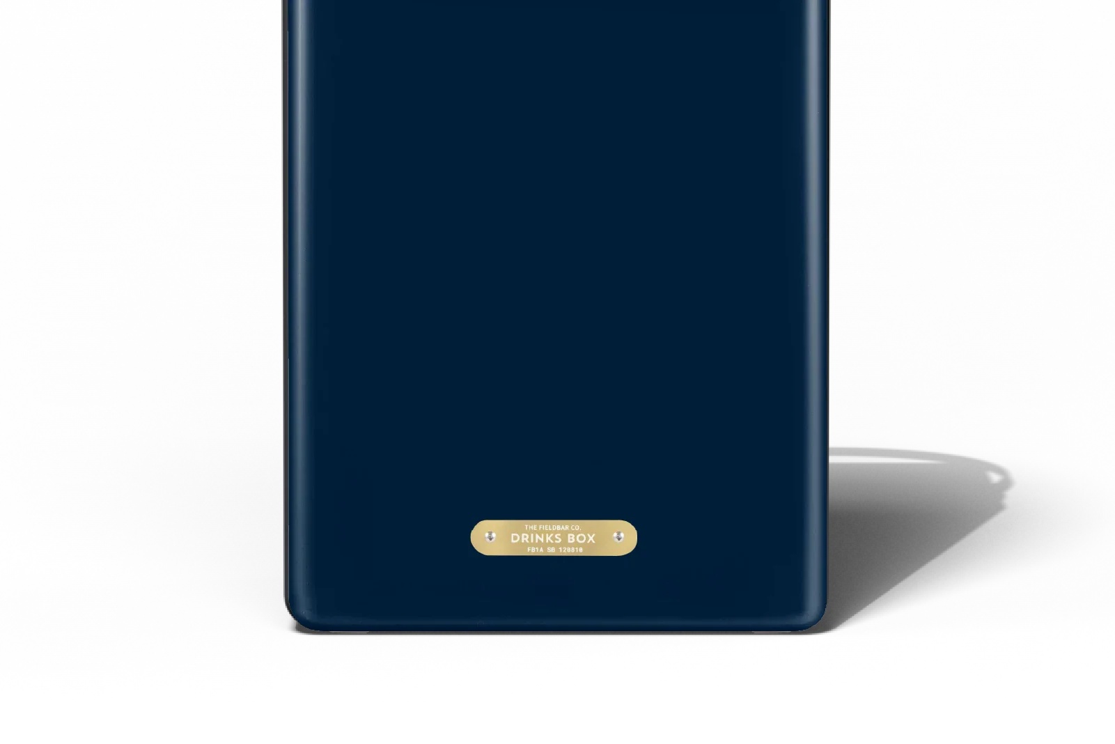 Navy blue phone case with a gold label on a white background