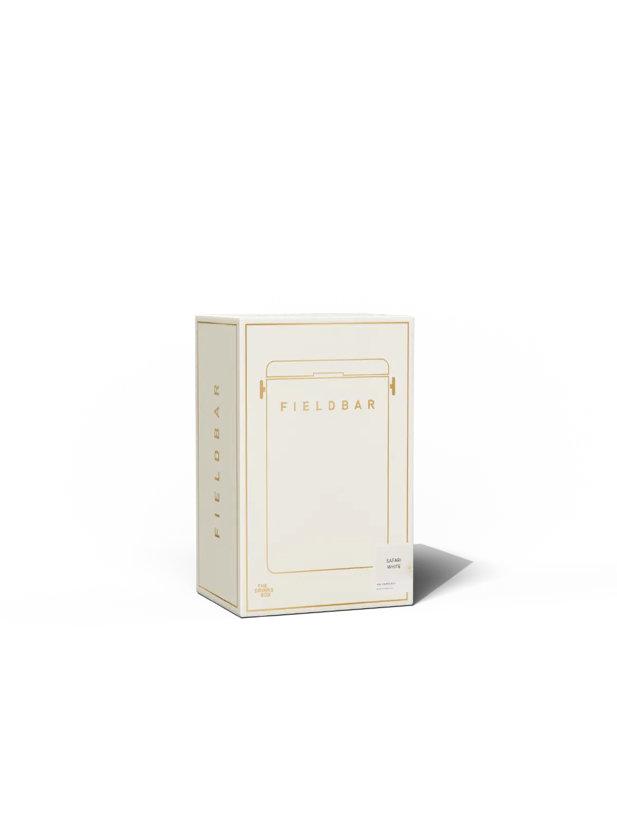White box with gold text on a white background