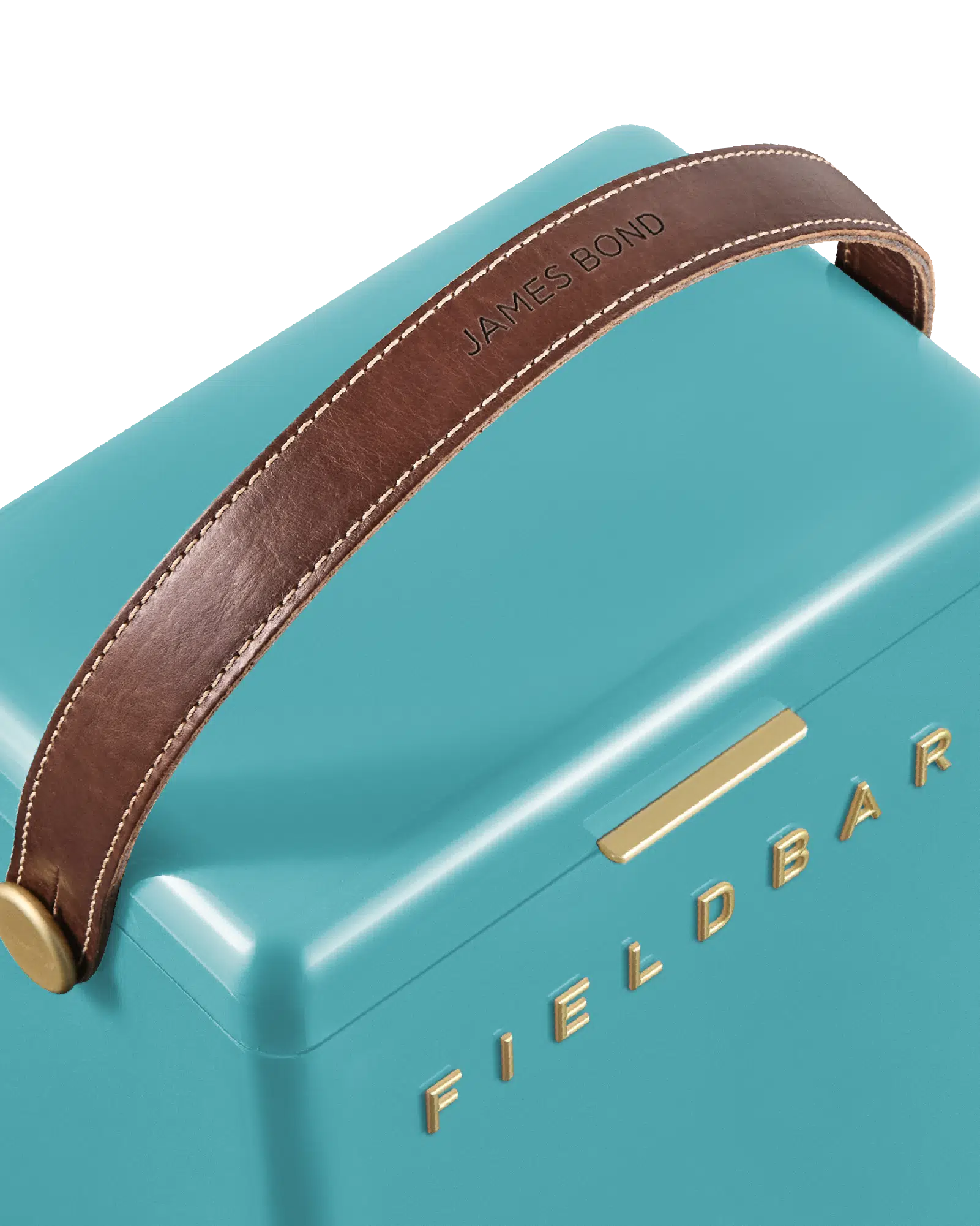 Teal cooler with brown handle and 'Fieldbar' branding on a white background