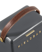 Gray cooler with brown leather handle and 'FIELDBAR' branding