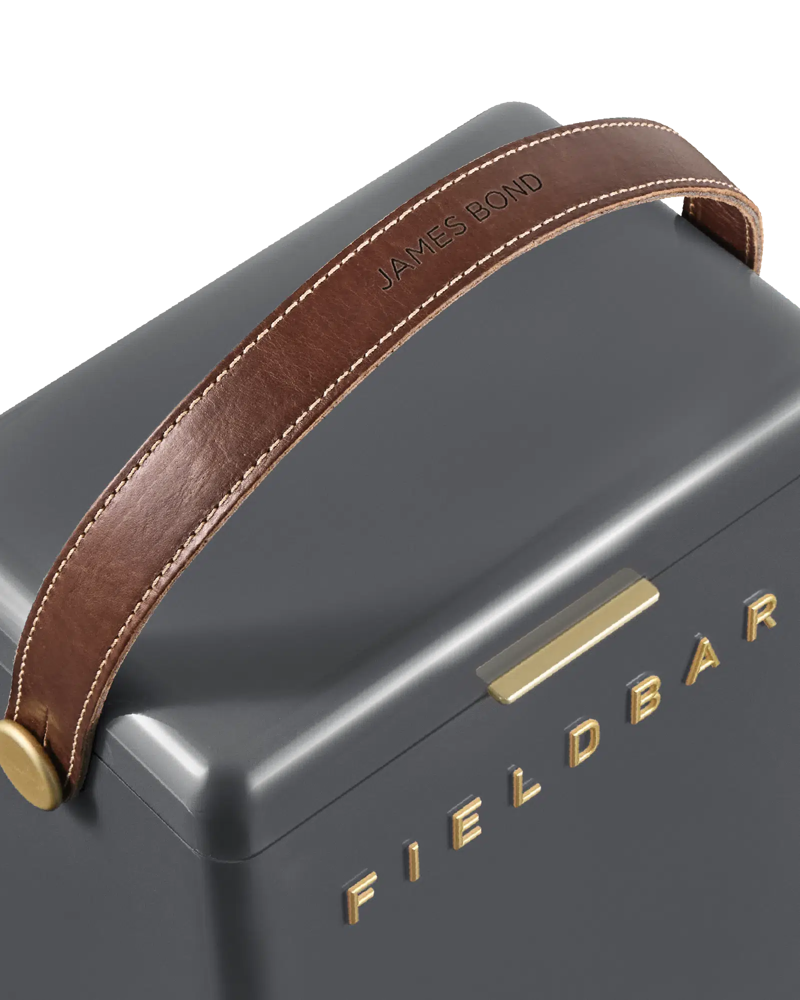 Gray cooler with brown leather handle and 'FIELDBAR' branding