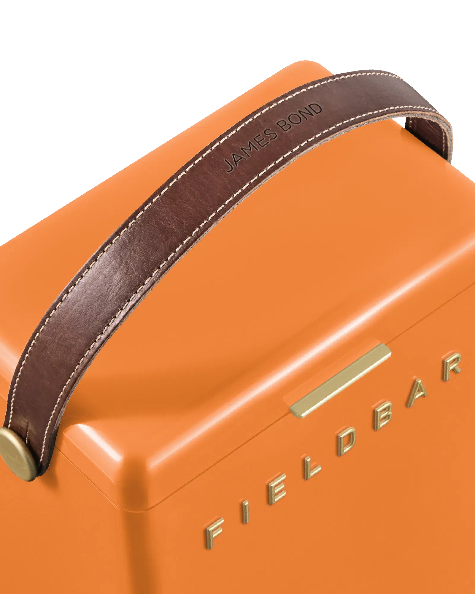 Close-up of an orange Fieldbar product with a brown handle on a white background