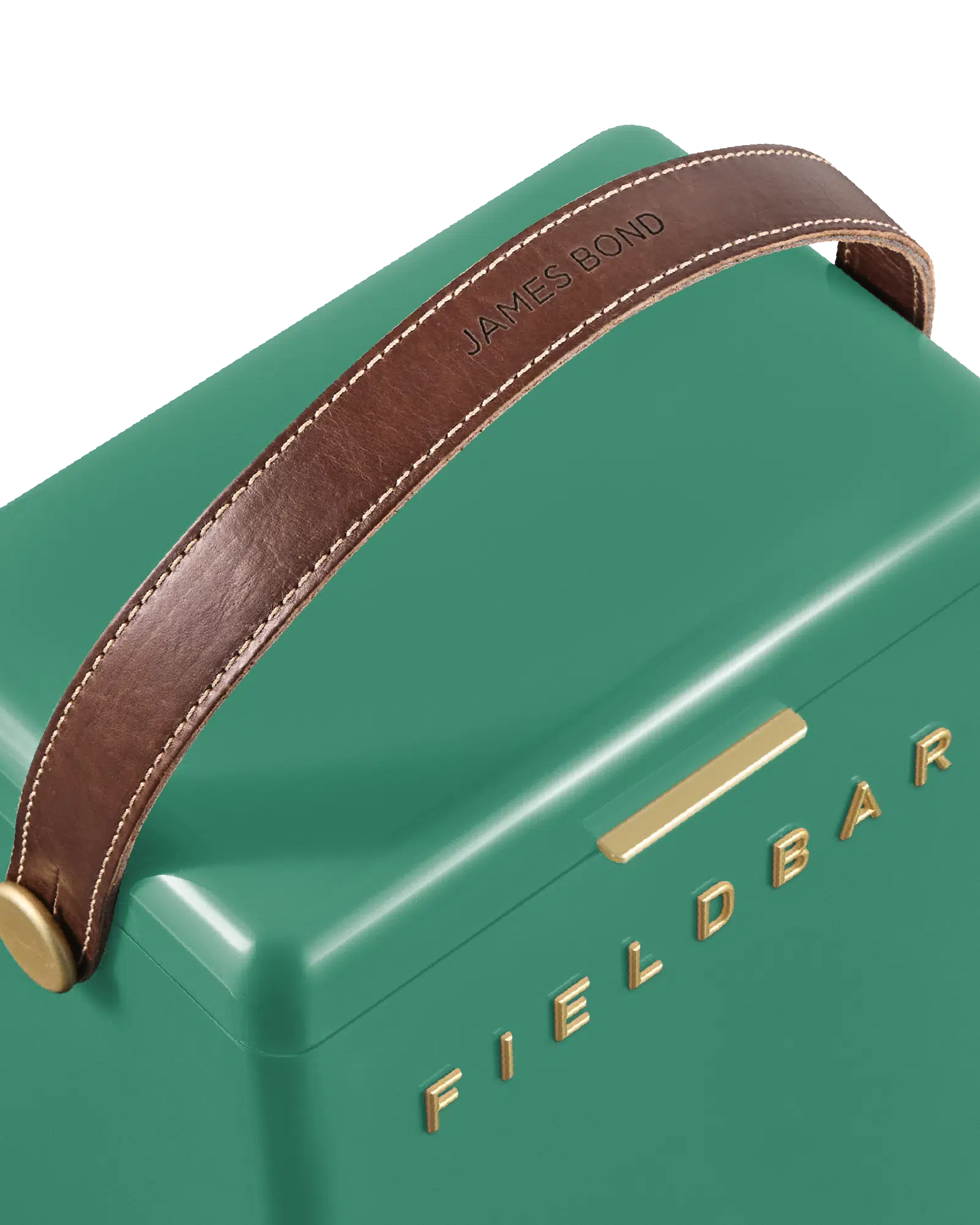 Green portable radio with brown leather strap and 'Fieldbar' branding.