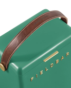 Green portable radio with brown leather strap and 'Fieldbar' branding.