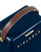 Blue portable bar with brown leather strap and 'FIELDBAR' branding on a white background