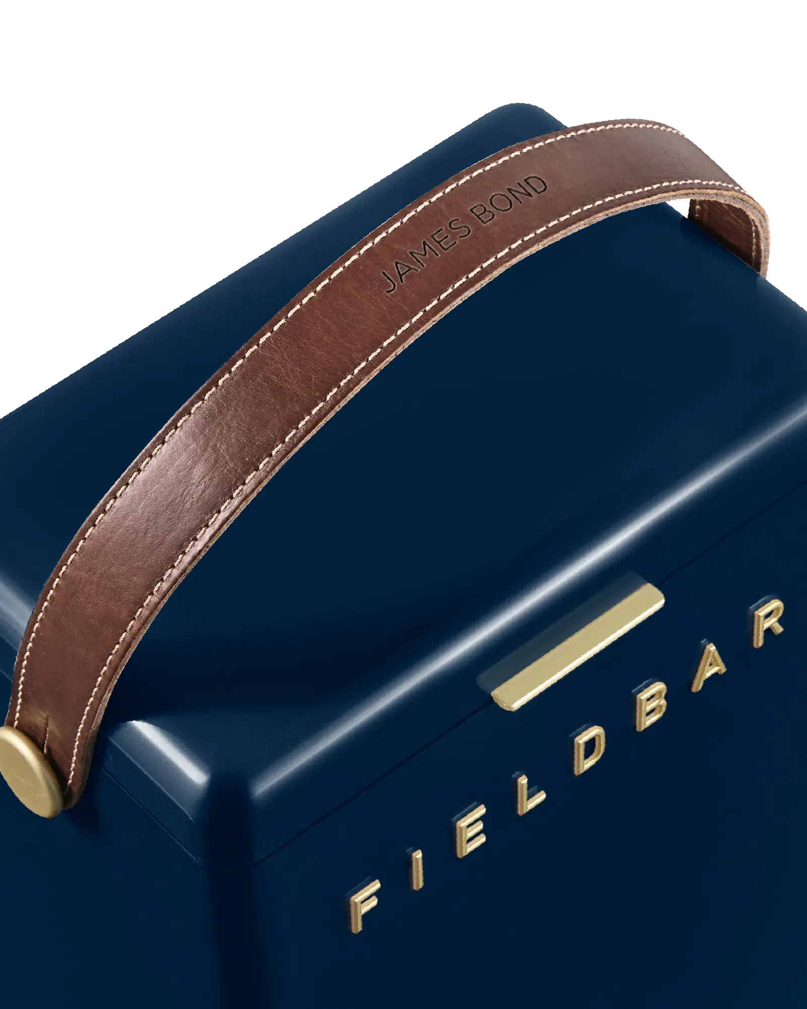 Blue portable bar with brown leather strap and 'FIELDBAR' branding on a white background