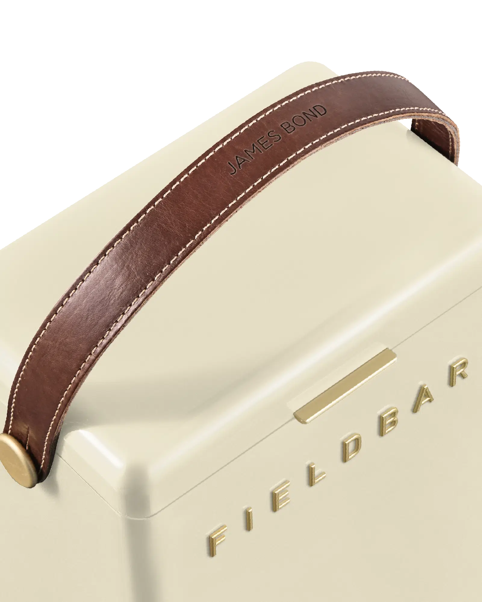 Beige electronic device with brown leather strap and 'Fieldbar' branding.