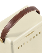 Beige electronic device with brown leather strap and 'Fieldbar' branding.