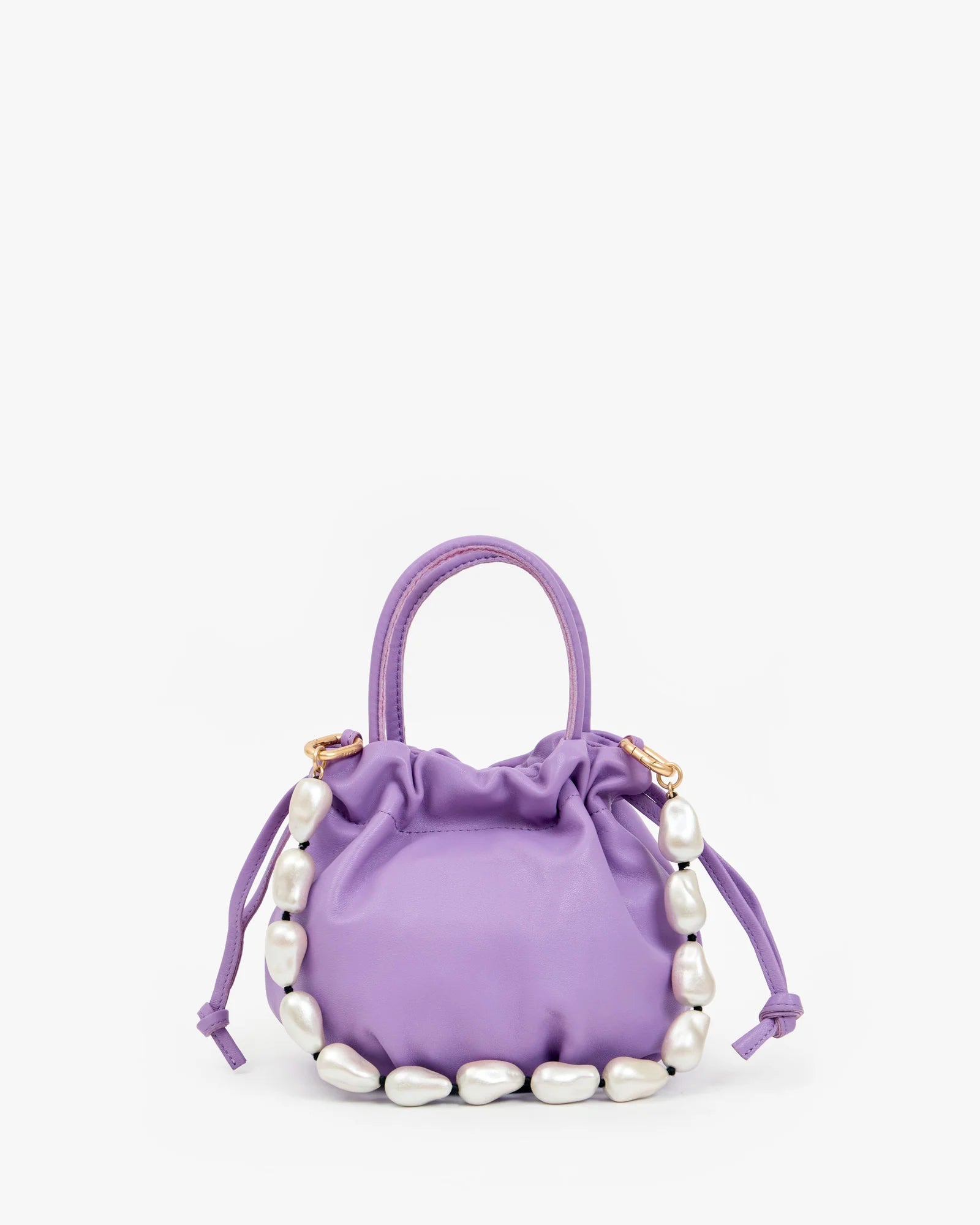 Purple drawstring bag with pearl embellishments on a white background