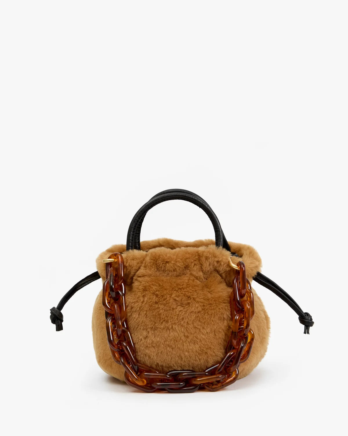 A small brown faux-fur drawstring bag with black handles and a translucent amber-brown chain detail, photographed on a clean white background.