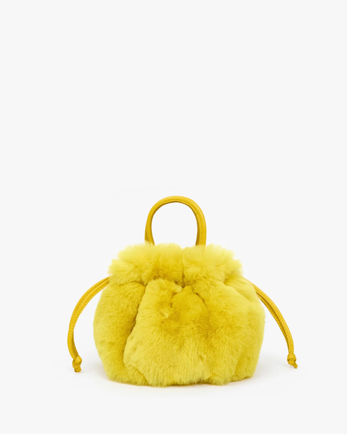 A small yellow faux fur drawstring pouch bag with a top handle, photographed against a clean white background.