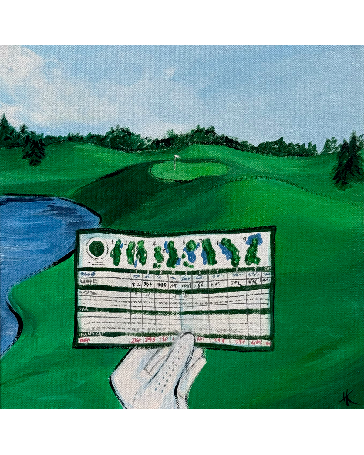 A stylized painting of a golf course scene with a green fairway, blue water, trees, and a golfer's club held up in front of the course. The artwork fills the frame and appears to be the product itself rather than a photo of a physical object in a room.