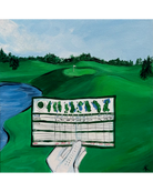 A stylized painting of a golf course scene with a green fairway, blue water, trees, and a golfer's club held up in front of the course. The artwork fills the frame and appears to be the product itself rather than a photo of a physical object in a room.