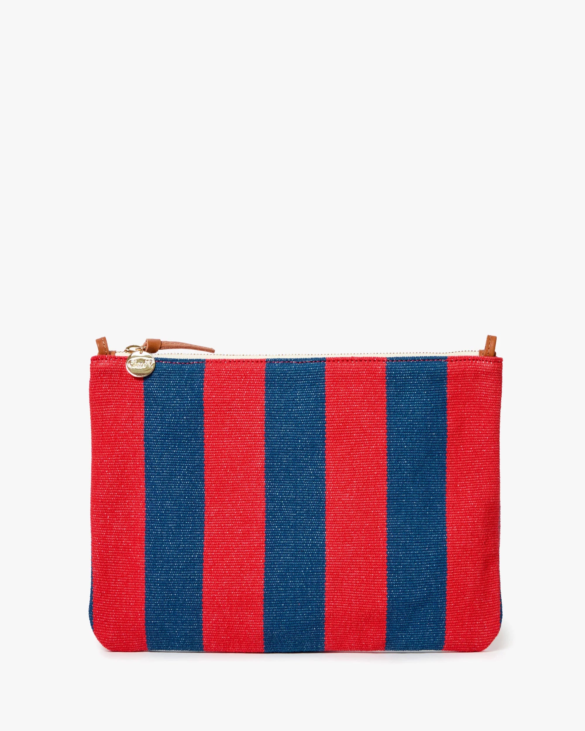 Red and blue striped pouch with a gold zipper on a white background
