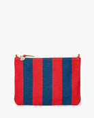 Red and blue striped pouch with a gold zipper on a white background