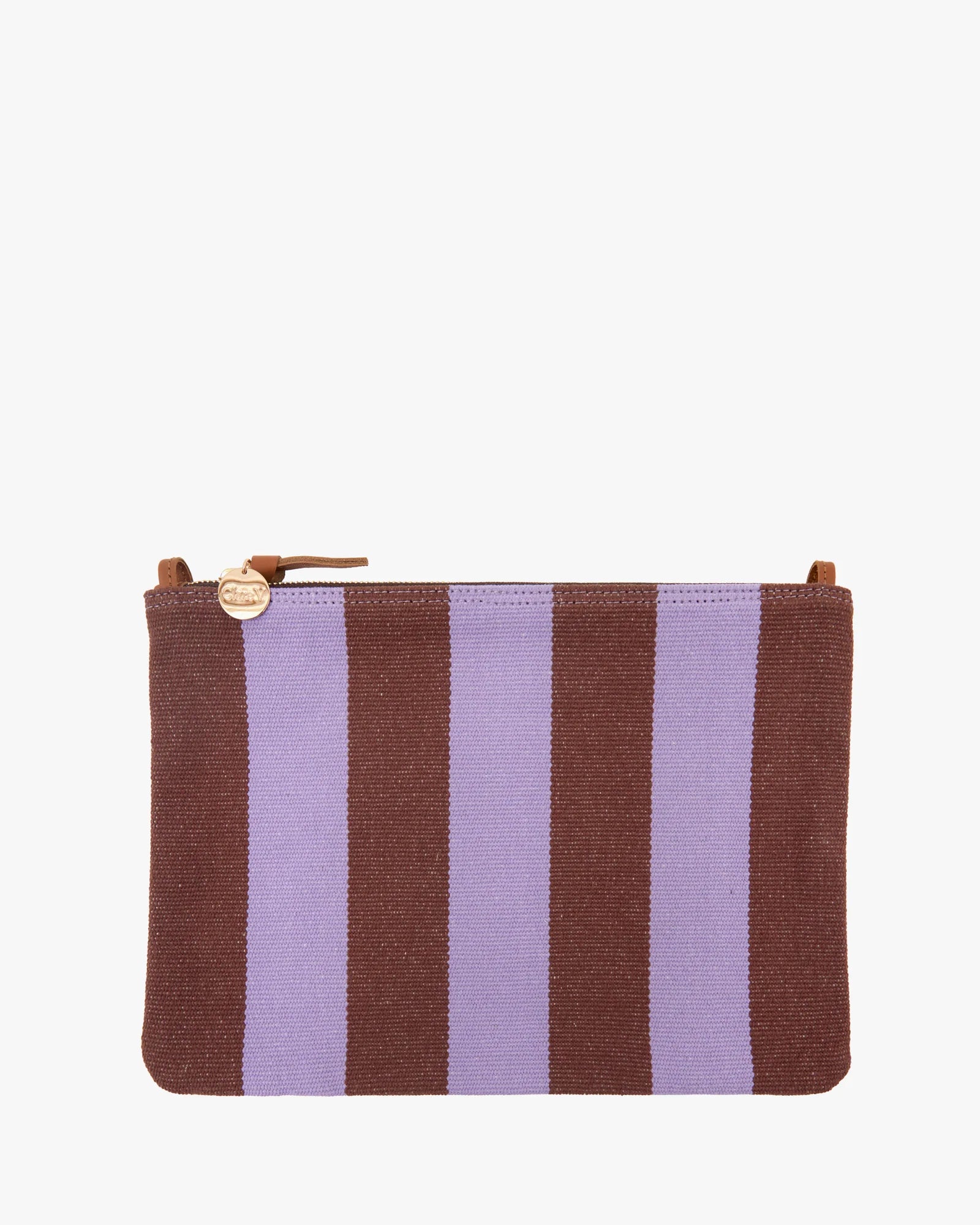 Striped pouch with brown and purple vertical stripes on a white background