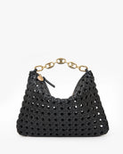 Black woven handbag with gold chain handle on a white background