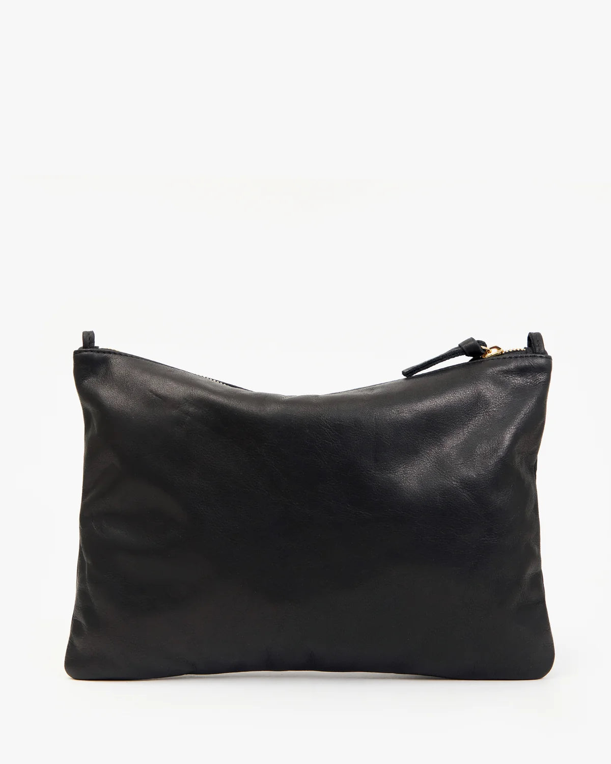 A black leather clutch pouch with a top zipper and a small black pull tab, photographed against a plain white background.