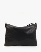 A black leather clutch pouch with a top zipper and a small black pull tab, photographed against a plain white background.
