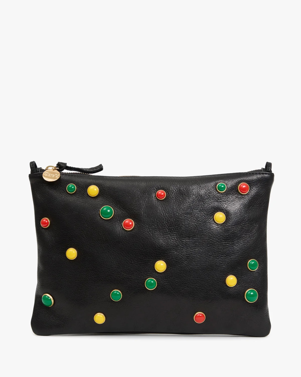 Black leather zip pouch decorated with colorful enamel studs in red, yellow, and green, shown against a plain white background.