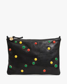 Black leather zip pouch decorated with colorful enamel studs in red, yellow, and green, shown against a plain white background.