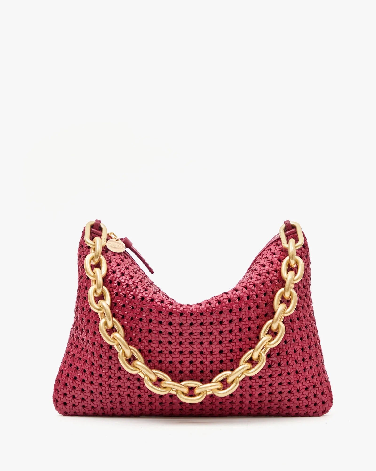 Red handbag with a gold chain detail on a white background
