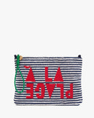 Striped pouch with red text and sailboat design on a white background
