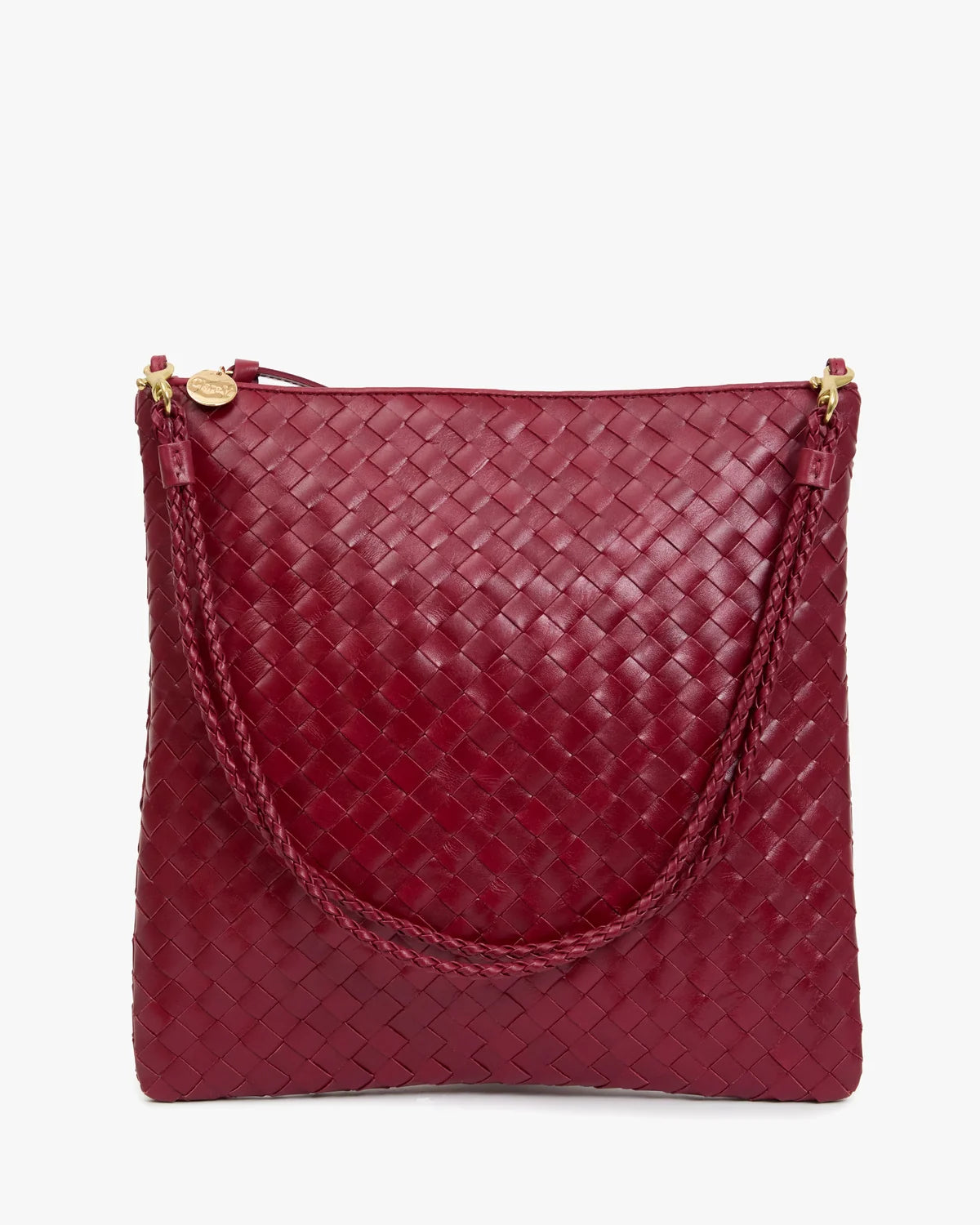A structured woven leather shoulder bag in deep burgundy red, featuring a top zipper closure with gold-tone hardware and a braided shoulder strap, set against a plain white background.