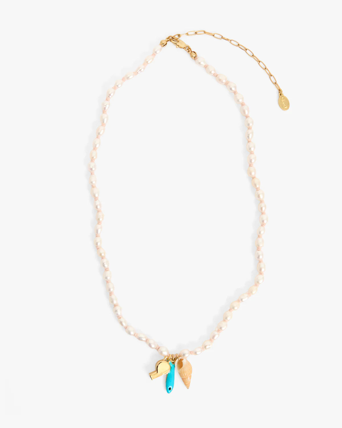 Necklace with gold chain, blue pendant, and leaf charm on a white background