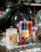 Glasshouse Candle Co. candle and packaging with disco balls in the background