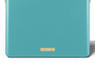 Teal bag with a gold label on a white background