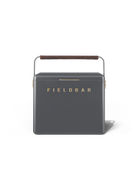 Gray cooler with brown handle and 'FIELDBAR' branding on a white background