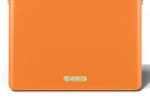 Orange suitcase with a gold label on a white background