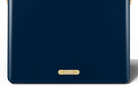 Navy blue case with a gold label on a white background