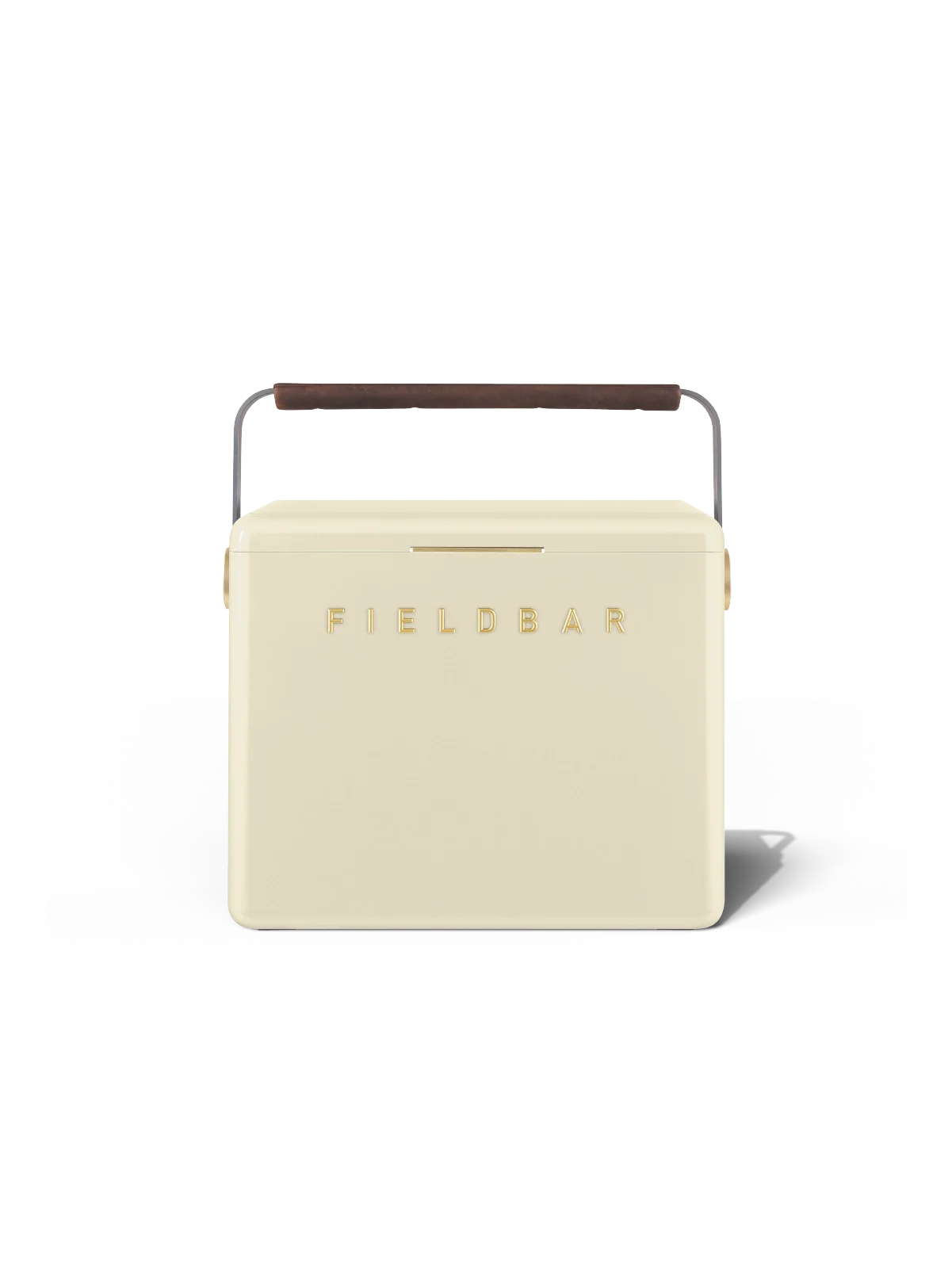 Cream-colored cooler bag with brown handle on a white background, featuring the 'Fieldbar' brand.