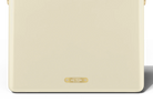 Beige laptop sleeve with a gold label on a white background