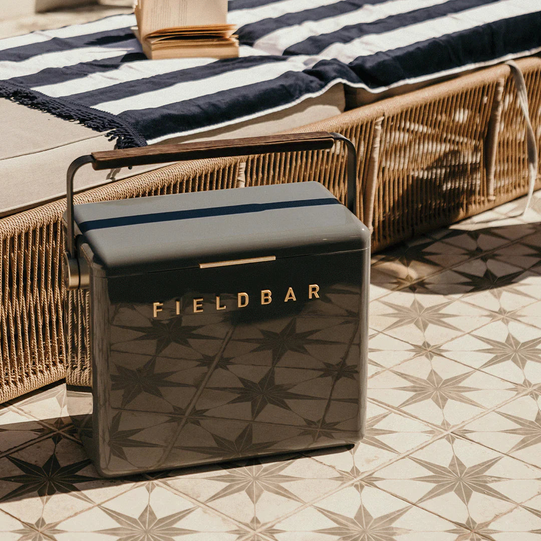 Fieldbar cooler box on a patterned floor with striped fabric in the background