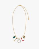 A gold chain necklace with multiple small charms, including a turquoise key, a silver horseshoe, a red raindrop, and a gold keychain, displayed on a clean white background.